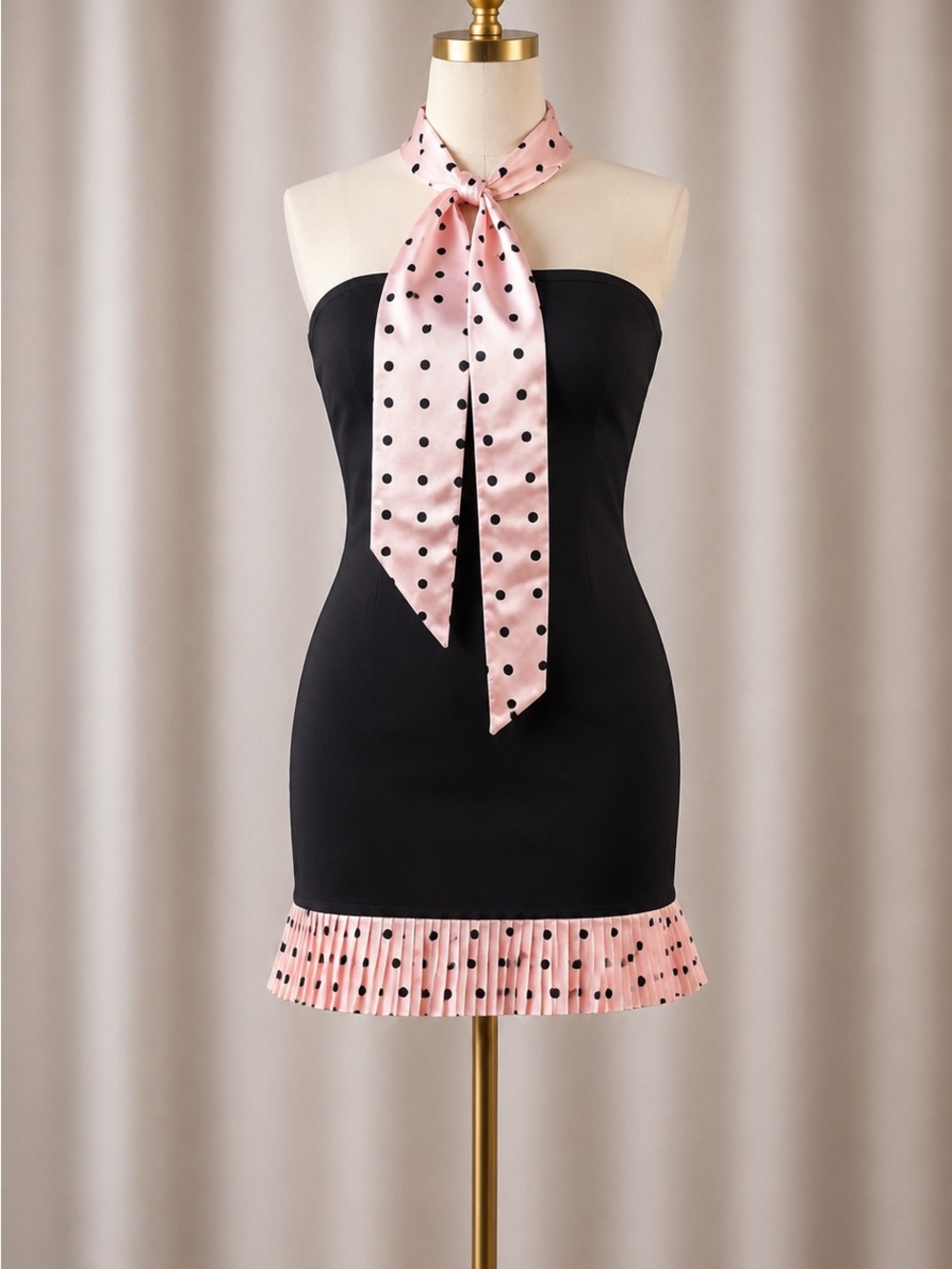 Strapless Black Mini Dress with Pink Polka Dot Scarf – Women’s